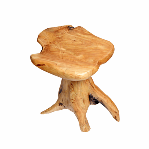Mesa de centro de formato irregular - em madeira maciça de abeto, suporte para flores, banquinho - cor natural