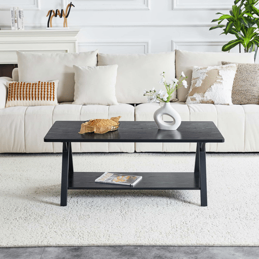 Mesa de centro 110 x 57 x 44,5 cm - estilo industrial com prateleira de arrumação, acabamento em madeira preta e estrutura metálica - preta