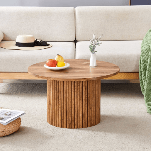 Mesa de centro redonda de 70 cm - design com colunas romanas, estrutura metálica integrada, estilo retro de luxo para a sala de estar - cor de madeira