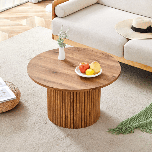 Mesa de centro redonda de 70 cm - design com colunas romanas, estrutura metálica integrada, estilo retro de luxo para a sala de estar - cor de madeira