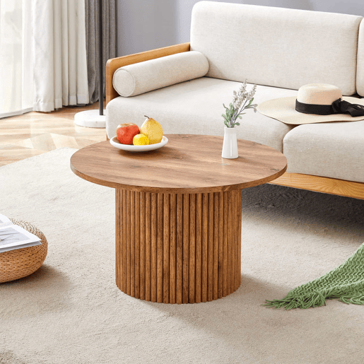 Mesa de centro redonda de 70 cm - design com colunas romanas, estrutura metálica integrada, estilo retro de luxo para a sala de estar - cor de madeira