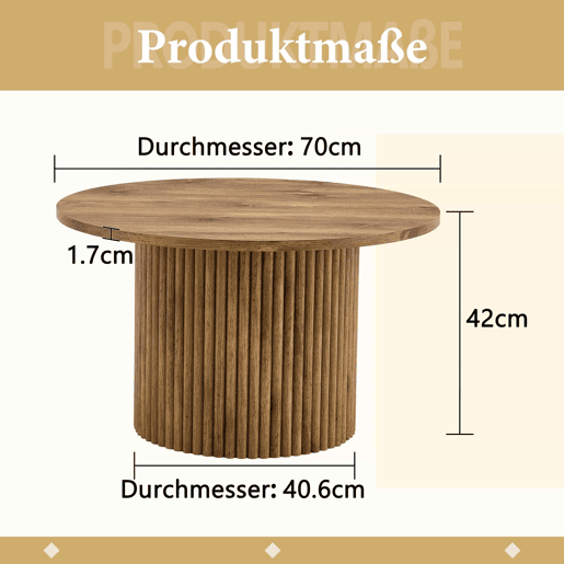 Mesa de centro redonda de 70 cm - design com colunas romanas, estrutura metálica integrada, estilo retro de luxo para a sala de estar - cor de madeira