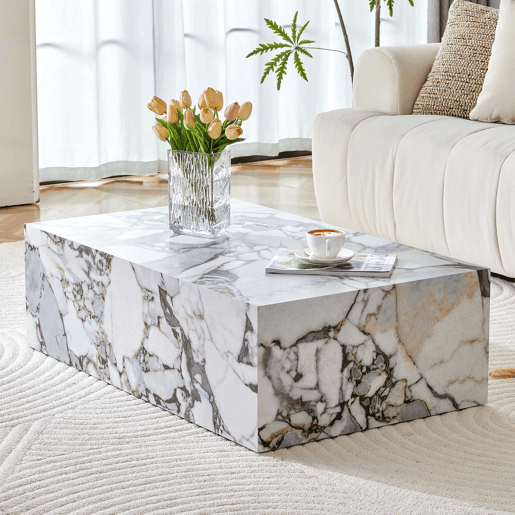 Mesa de centro retangular 90x50x30 cm - textura imitação de mármore, MDF, por montar, estilo nórdico moderno - branco mármore