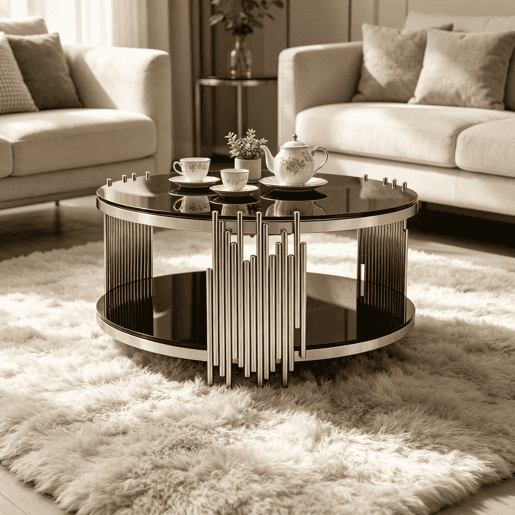 Mesa de café moderna de 80 cm - Mesa de vidro com tampo duplo, base em aço prateado, mesa redonda para sala de estarescritório - Preto e prateado