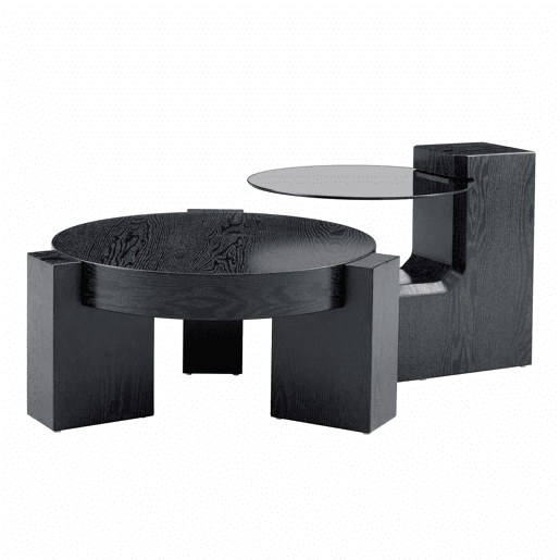 Conjunto de mesas de centro separáveis - tampo em vidro cinzento transparente, estrutura em MDF com efeito de madeira preta, design modular flexível - preto