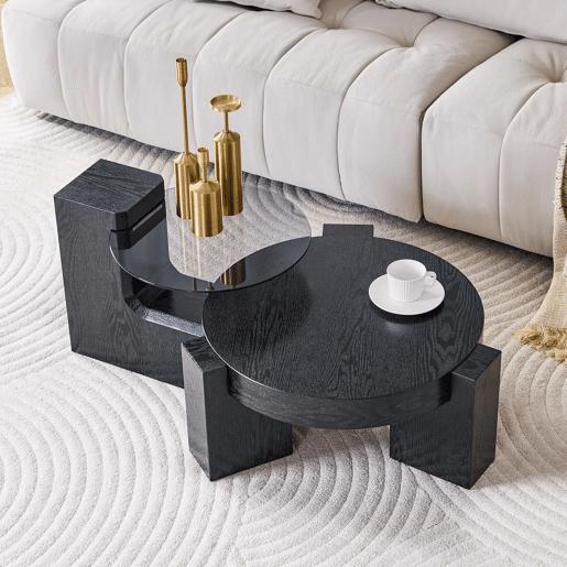 Conjunto de mesas de centro separáveis - tampo em vidro cinzento transparente, estrutura em MDF com efeito de madeira preta, design modular flexível - preto