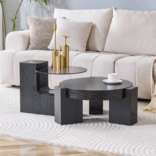Conjunto de mesas de centro separáveis - tampo em vidro cinzento transparente, estrutura em MDF com efeito de madeira preta, design modular flexível - preto