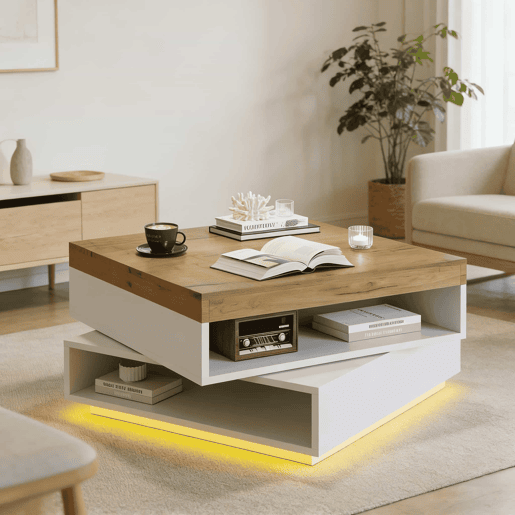 Mesa de centro 65 x 65 x 40 cm u2013 giratória a 360°, com LED e espaço de arrumação, mesa auxiliar para sala de estar u2013 branco + carvalho
