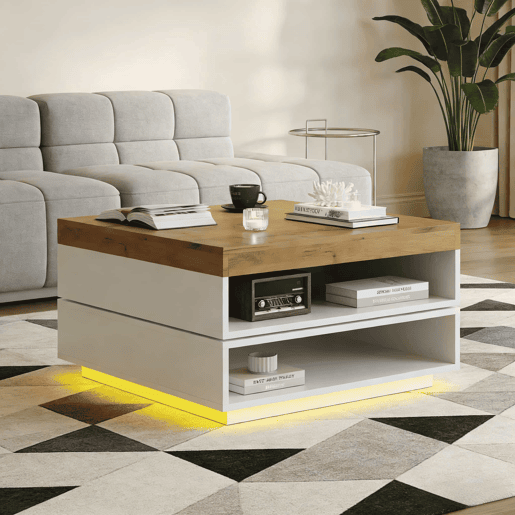 Mesa de centro 65 x 65 x 40 cm u2013 giratória a 360°, com LED e espaço de arrumação, mesa auxiliar para sala de estar u2013 branco + carvalho
