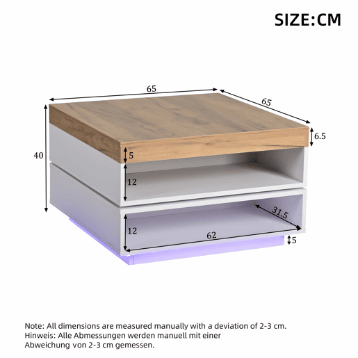 Mesa de centro 65 x 65 x 40 cm u2013 giratória a 360°, com LED e espaço de arrumação, mesa auxiliar para sala de estar u2013 branco + carvalho