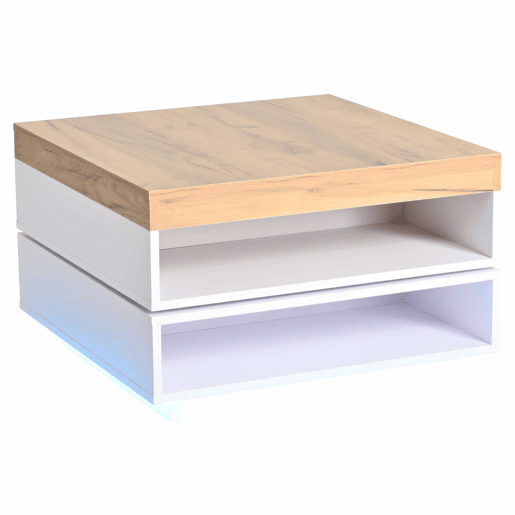 Mesa de centro 65 x 65 x 40 cm u2013 giratória a 360°, com LED e espaço de arrumação, mesa auxiliar para sala de estar u2013 branco + carvalho