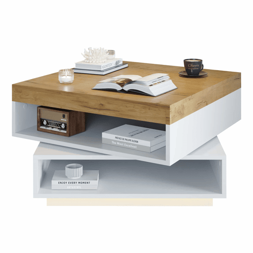 Mesa de centro 65 x 65 x 40 cm u2013 giratória a 360°, com LED e espaço de arrumação, mesa auxiliar para sala de estar u2013 branco + carvalho