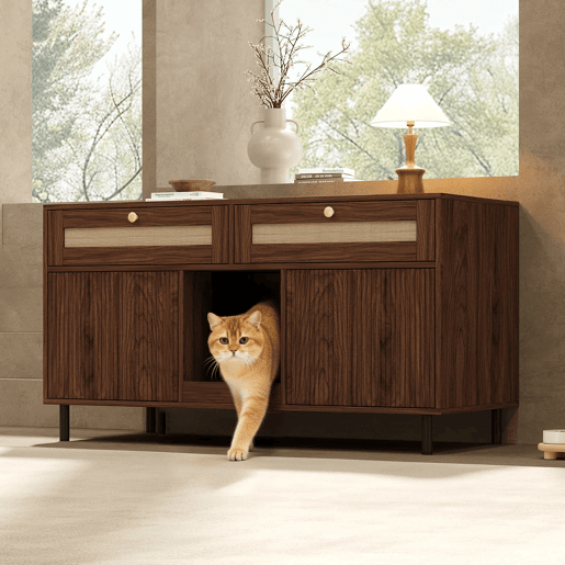 Móvel para caixa de areia para gatos 120x50x65 cm - com tapete para reter a areia, gavetas de rattan, aparadormóvel de TV multifuncional, sem caixa de areia - Cor nogueira