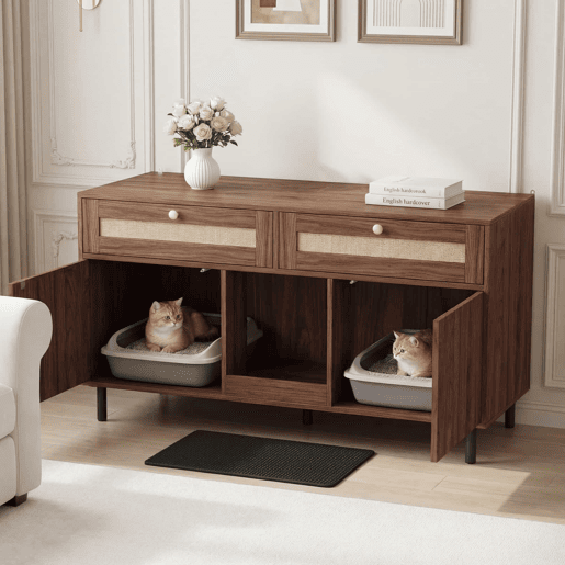 Móvel para caixa de areia para gatos 120x50x65 cm - com tapete para reter a areia, gavetas de rattan, aparadormóvel de TV multifuncional, sem caixa de areia - Cor nogueira