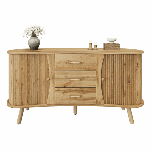 Aparador u2014 design com ranhuras, 2 portas de correr, 3 gavetas, compartimentos com altura ajustável, pés em madeira maciça, estilo escandinavo moderno, MDF - natural