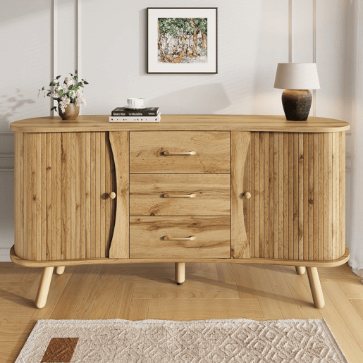 Aparador u2014 design com ranhuras, 2 portas de correr, 3 gavetas, compartimentos com altura ajustável, pés em madeira maciça, estilo escandinavo moderno, MDF - natural