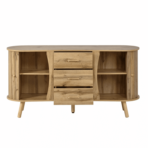 Aparador u2014 design com ranhuras, 2 portas de correr, 3 gavetas, compartimentos com altura ajustável, pés em madeira maciça, estilo escandinavo moderno, MDF - natural