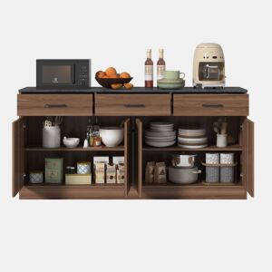 Aparador de cozinha de 160 cm - 3 gavetas, prateleiras ajustáveis, tampo com efeito de betão, design em nogueira - cor nogueira
