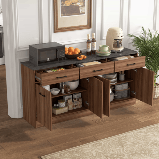 Aparador de cozinha de 160 cm - 3 gavetas, prateleiras ajustáveis, tampo com efeito de betão, design em nogueira - cor nogueira