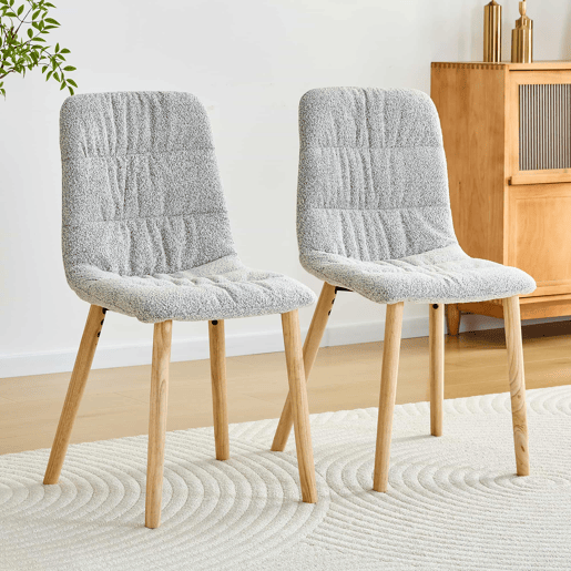 Cadeiras de jantar de 88 cm (conjunto de 2) - estofadas em tecido plissado, pés em madeira maciça, estilo nórdico moderno - cinzento claro e madeira