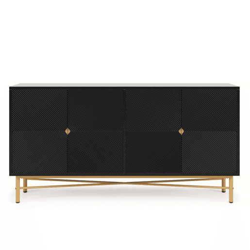 Aparador 160 x 40 x 82 cm - com textura em relevo, 4 portas, puxadores dourados escovados e pés de alto brilho - preto