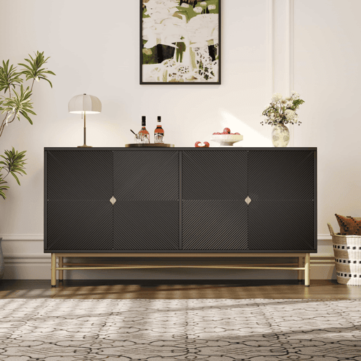Aparador 160 x 40 x 82 cm - com textura em relevo, 4 portas, puxadores dourados escovados e pés de alto brilho - preto
