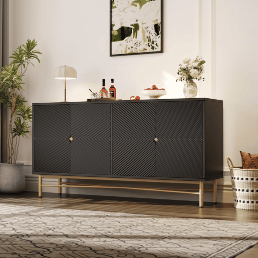 Aparador 160 x 40 x 82 cm - com textura em relevo, 4 portas, puxadores dourados escovados e pés de alto brilho - preto