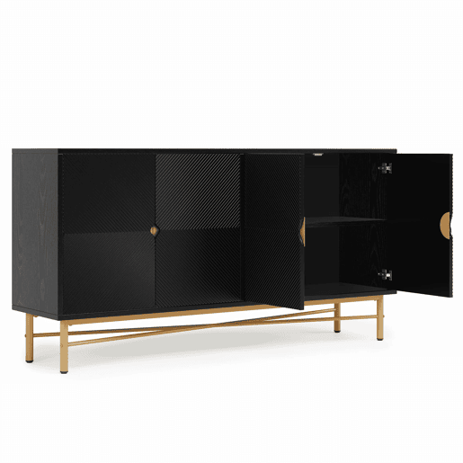 Aparador 160 x 40 x 82 cm - com textura em relevo, 4 portas, puxadores dourados escovados e pés de alto brilho - preto