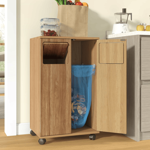 Armário para lixo com 2 compartimentos, 46,7 x 35 x 80 cm u2013 com rodízios, acabamento em carvalho, 2 portas, separador de resíduos u2013 Natural Armário para lixo com 2 compartimentos, 46,7 x 35 x 80 cm u2013 com rodízios, acabamento em carvalho, 2 portas, separador de resíduos u2013 Natural