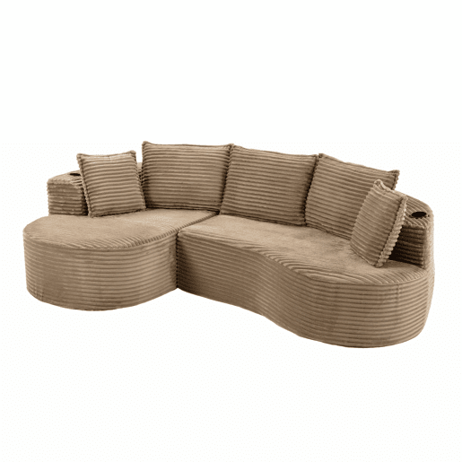 Sofá de 3 lugares - Com porta-copos, bolso de arrumação e almofadas incluídas - Cáqui