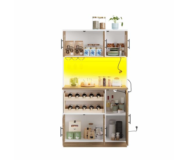Armario despensa de cocina 100x40x180 cm - con iluminación led, enchufe integrado, soporte para copas, botellero y gran capacidad de almacenamiento -