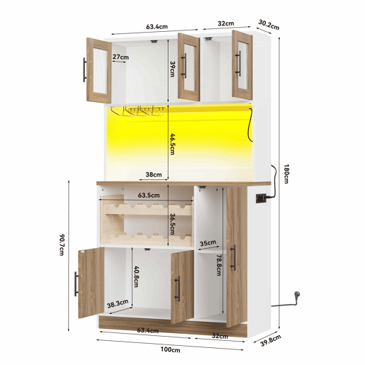 Armário de despensa de cozinha 100 x 40 x 180 cm u2013 com iluminação LED, tomada integrada, suporte para copos, suporte para garrafas e grande capacidade de arrumação u2013 branco e natural