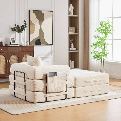 Sofá-cama individual de 1 lugar - design ergonómico, estrutura metálica estável, com almofada e bolso lateral - cor bege
