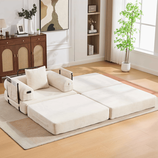 Sofá-cama individual de 1 lugar - design ergonómico, estrutura metálica estável, com almofada e bolso lateral - cor bege