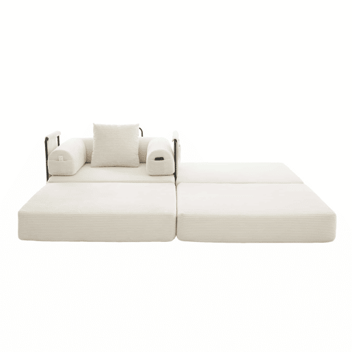 Sofá-cama individual de 1 lugar - design ergonómico, estrutura metálica estável, com almofada e bolso lateral - cor bege