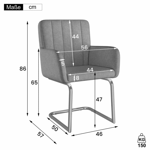 Conjunto de 4 cadeiras de jantar - Cadeira estofada com riscas verticais, pés metálicos em ziguezague, imitação de couro - Cinza