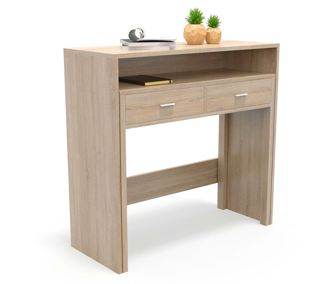 Consola Extraible, Mesa Escritorio Extensible, Mesa Estudio 90x37 Roble
