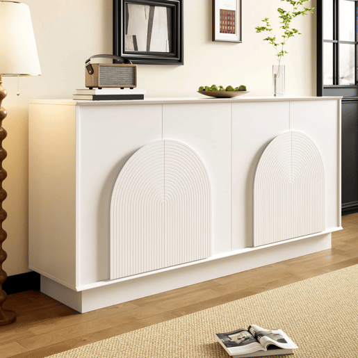 Aparador moderno de 160 cm - 4 portas arredondadas, estrutura em MDF com acabamento mate, solução de arrumação elegante e funcional para a sala de estar e a sala de jantar - branco Aparador moderno de 160 cm - 4 portas arredondadas, estrutura em MDF com acabamento mate, solução de arrumação elegante e funcional para a sala de estar e a sala de jantar - branco