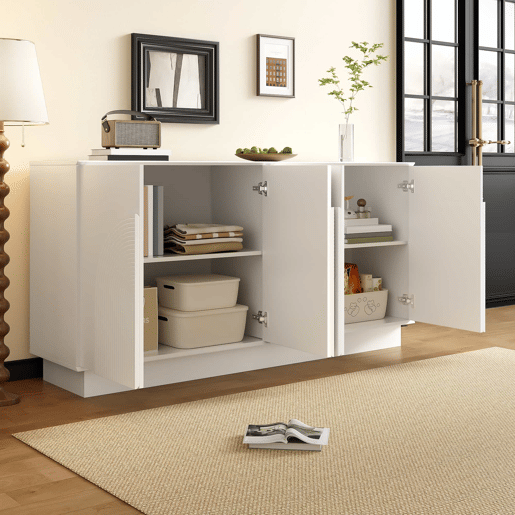 Aparador moderno de 160 cm - 4 portas arredondadas, estrutura em MDF com acabamento mate, solução de arrumação elegante e funcional para a sala de estar e a sala de jantar - branco Aparador moderno de 160 cm - 4 portas arredondadas, estrutura em MDF com acabamento mate, solução de arrumação elegante e funcional para a sala de estar e a sala de jantar - branco