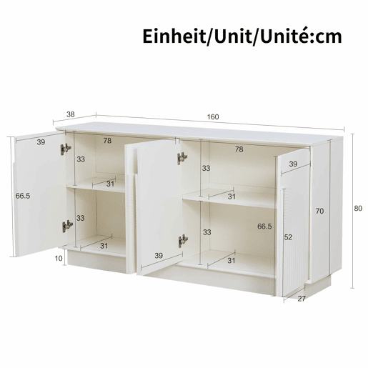 Aparador moderno de 160 cm - 4 portas arredondadas, estrutura em MDF com acabamento mate, solução de arrumação elegante e funcional para a sala de estar e a sala de jantar - branco Aparador moderno de 160 cm - 4 portas arredondadas, estrutura em MDF com acabamento mate, solução de arrumação elegante e funcional para a sala de estar e a sala de jantar - branco