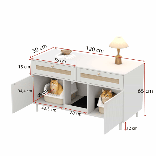 Armário para caixa de areia para gatos 120x50x65 cm - com tapete anti-poeira para areia, gaveta de vime, móvel multifuncional para animais de estimação e TV, sem caixa de areia - Branco