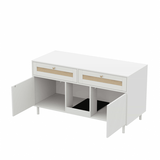 Armário para caixa de areia para gatos 120x50x65 cm - com tapete anti-poeira para areia, gaveta de vime, móvel multifuncional para animais de estimação e TV, sem caixa de areia - Branco
