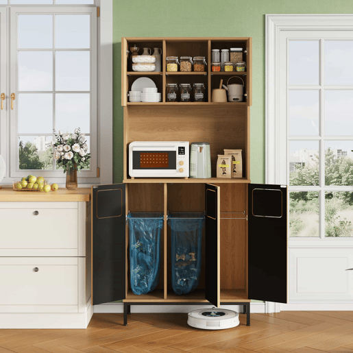 Armário para lixo 80x35x181 cm - Armário de cozinha de 3 portas com separação de resíduos, móvel alto com acabamento em carvalho, 3 compartimentos para triagem, prateleira para micro-ondas e espaço de arrumação para aspirador - Natural