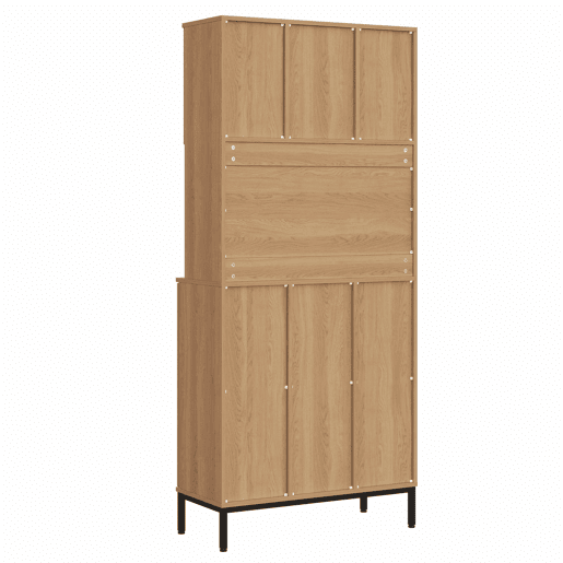 Armário para lixo 80x35x181 cm - Armário de cozinha de 3 portas com separação de resíduos, móvel alto com acabamento em carvalho, 3 compartimentos para triagem, prateleira para micro-ondas e espaço de arrumação para aspirador - Natural