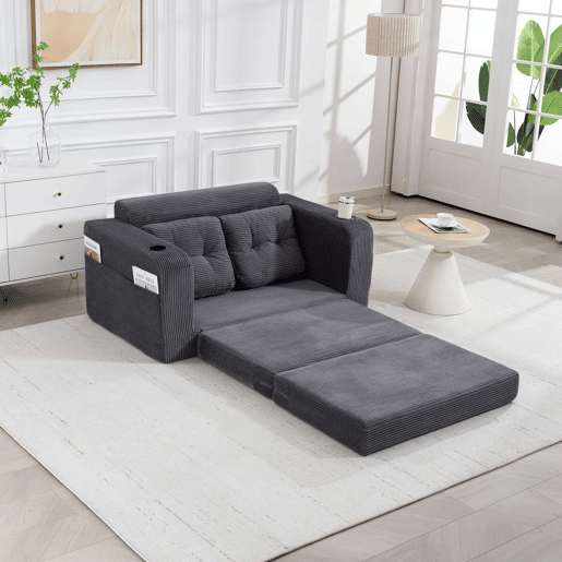 Sofá pufe de 2 lugares - conversível sem estrutura, com porta-copos, bolsos laterais, almofadas acolchoadas e encosto - cinzento