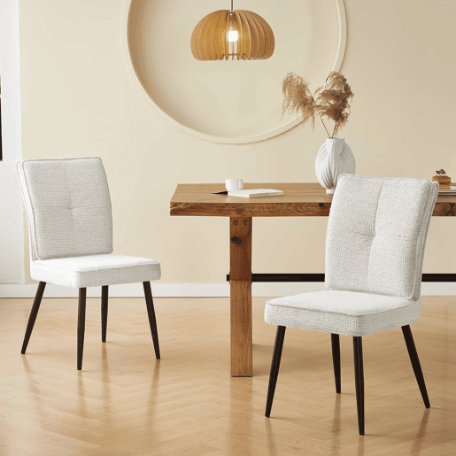 Conjunto de cadeiras de sala de jantar (2 unidades) - Cadeiras de encosto alto com pés de metal, estofadas em tecido xadrez, para sala de jantar e sala de estar - Branco creme