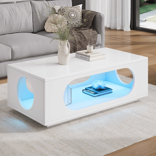 Mesa de centro com iluminação LED 100x50x35 cm - controlo por aplicação, MDF, capacidade de 30 kg, alto brilho, design com aberturas, amplo espaço de arrumação - Branco