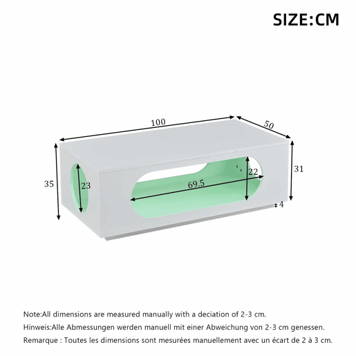 Mesa de centro com iluminação LED 100x50x35 cm - controlo por aplicação, MDF, capacidade de 30 kg, alto brilho, design com aberturas, amplo espaço de arrumação - Branco