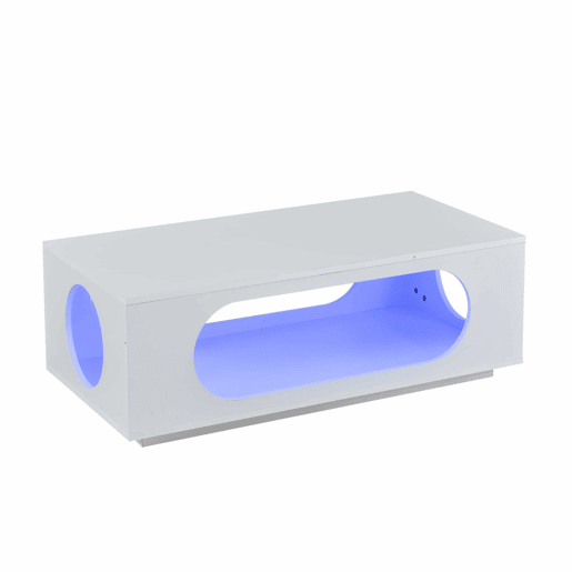 Mesa de centro com iluminação LED 100x50x35 cm - controlo por aplicação, MDF, capacidade de 30 kg, alto brilho, design com aberturas, amplo espaço de arrumação - Branco