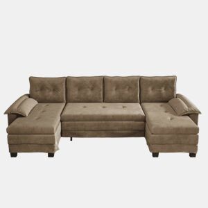 Sofá-cama seccional de 4 lugares, 278 cm - sofá em U convertível com cama extraível, porta USB, braços removíveis, design modular extragrande e moderno - cáqui